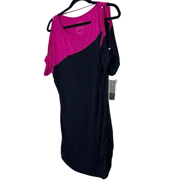 Y2K INC Rhinestone Cold Shoulder Ruched Side Colorblock Mini Dress Pink Black MP - Picture 5 of 15